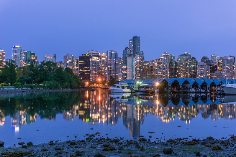 skyscraper, stanley park, dock, nature, reflection, lake, downtown, skyline, sea, evening, marine, modern, no people, water, building exterior, urban, office building exterior