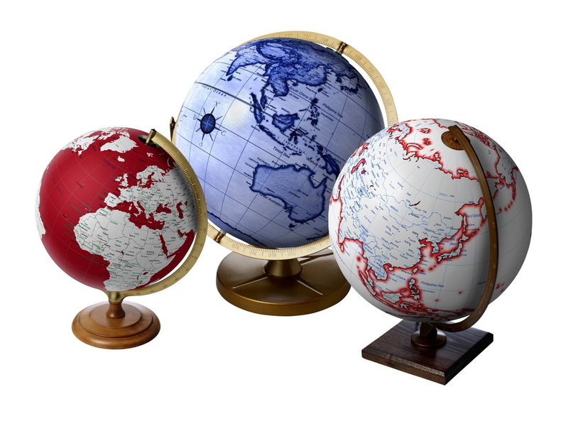 indoors, space, still life, assorted, white background, travel, planet - space, globes, shape, three, colored, planet earth, map, globe, global business