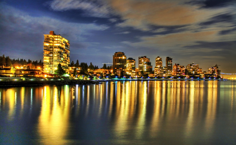 Clouds, 4K, architecture, skyline, Vancouver, cityscape, no people, illuminated, nature, Buildings, landscape, British Columbia, West, Lights, water, outdoors