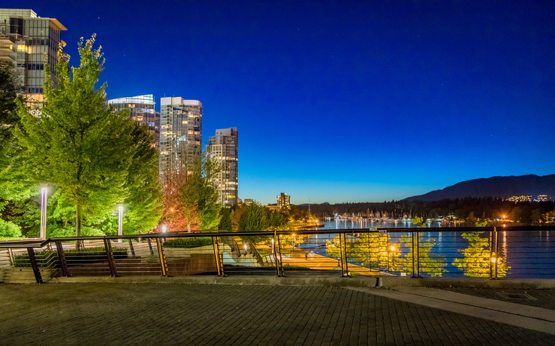 built structure, clear sky, skyline, city, vancouver convention centre west building, dusk, sky, mountain, building exterior, building, tree, outdoors