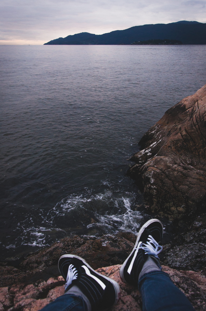 tranquility, tranquil scene, water, human leg, shoe, body part, mountain, forest, one person, lighthouse park | west vancouver, west vancouver, leisure activity