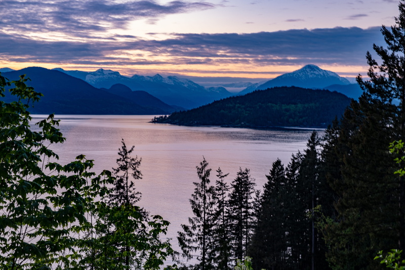 clouds, forest, mountain range, sunset, cloud - sky, non-urban scene, canada, ocean, sky, outdoors, tranquil scene, plant, flora, nature, tree, dusk, tranquility