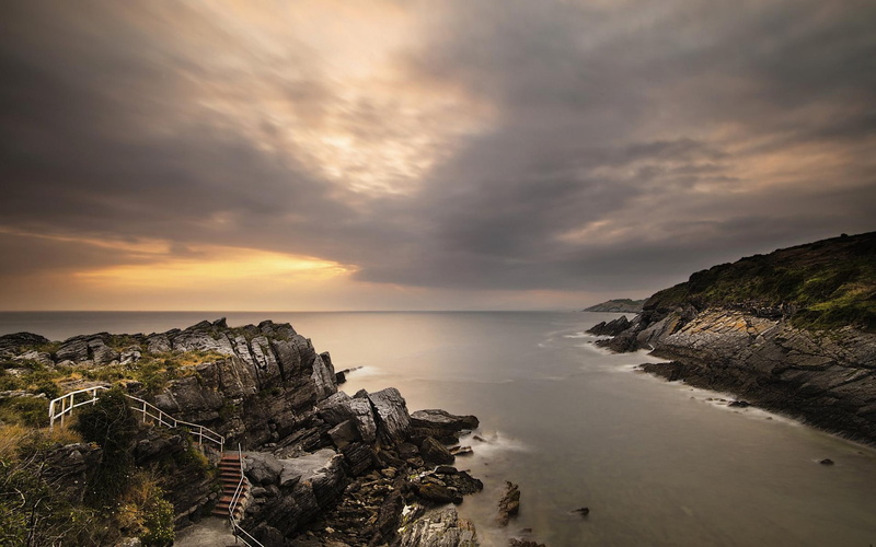 gray, 1080P, cliffs, nature and landscapes, stairs, inlet, sea, clouds