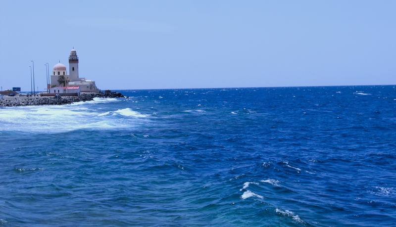 no people, horizon, wave, water, islam, tower, minaret, horizon over water, sky, building exterior, 2K, travel destinations, sea, jeddah, scenery, blue