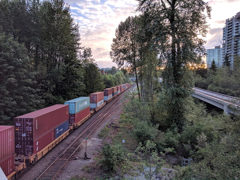 train tracks, 4K, high rises, inlet centre station, container, freight train, british columbia, perspective, sky, sunset, landscape, buildings, public transportation