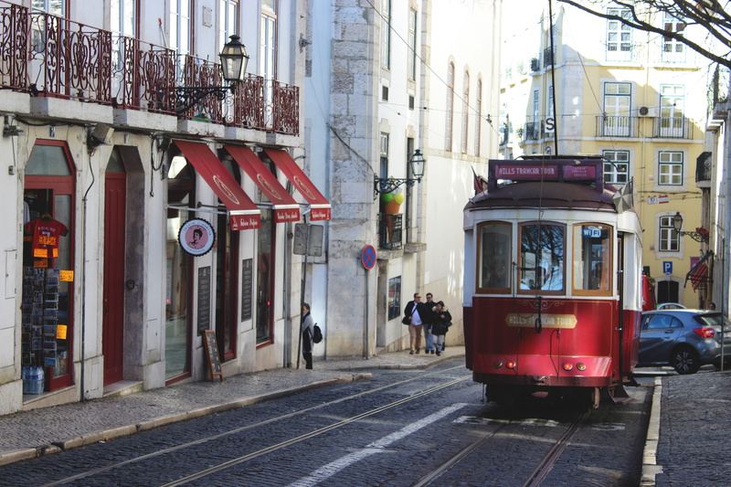 tramway, street, railroad track, transportation, funiculaire, building, land vehicle, built structure, people, lisboa, alfama, day, 5K, funicular, architecture