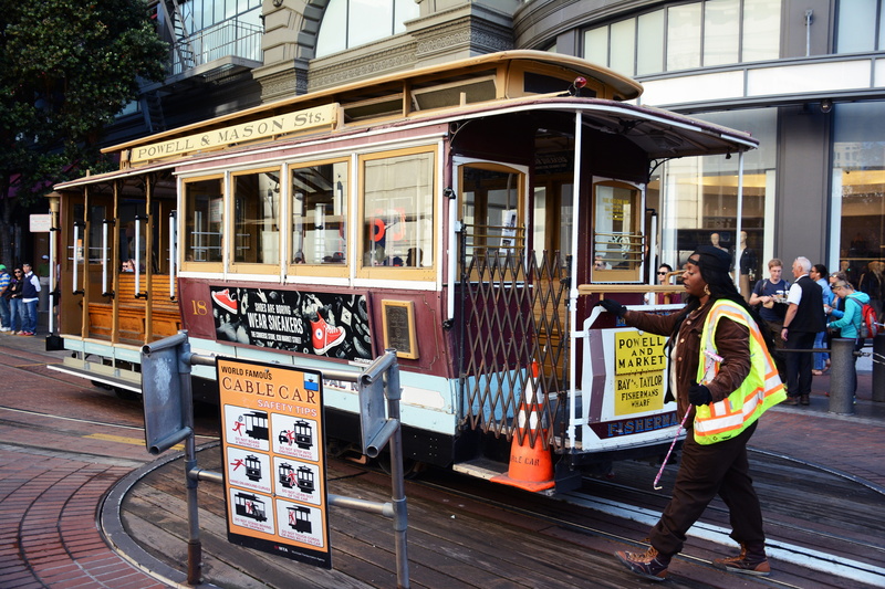 transportation, building exterior, women, day, trolley, transport, standing, mode of transportation, 5K, street, san francisco, built structure, occupation