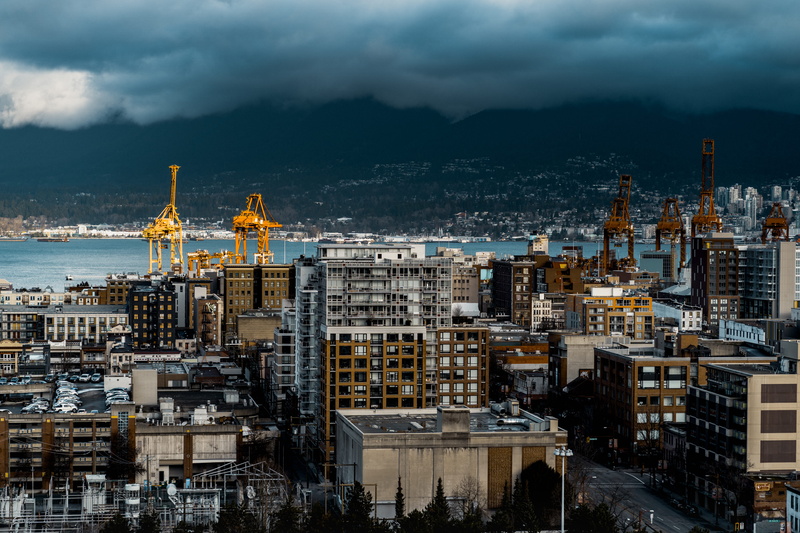 office building exterior, north vancouver, pollution, water, building exterior, canada, city, urban, 5K, factory, high angle view, building, gray, mountains