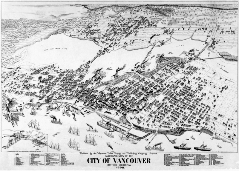 columbia, Vancouver, history, document, antique, the media, panoramic, architecture, building, map, public domain, no people, nature, snow, 1898, black And White