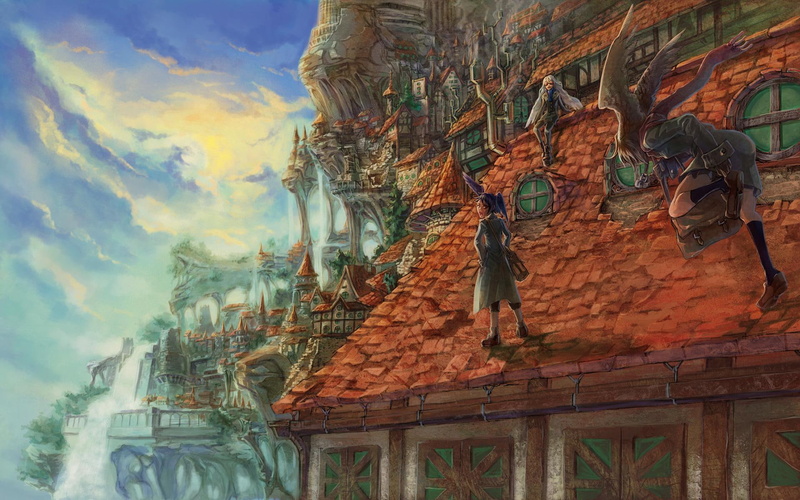 girls, illustration, building, rooftop, anime, woman, 1920x1200, 1080P, female, top, roof