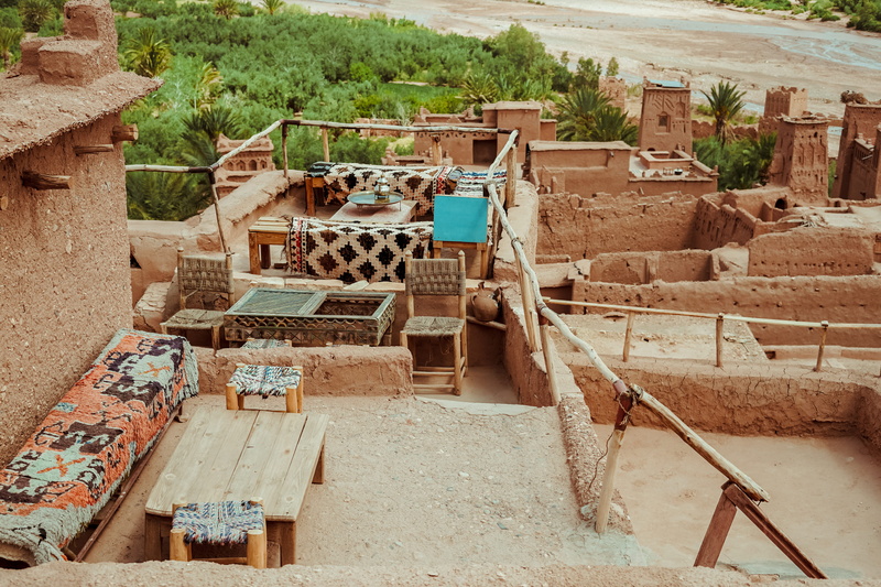 clay, structure, wooden, wooden bench, home, railing, old, wall, furnitures, cultural, abandoned, 4K, sunlight, nature, placed, mud, brown, tree, morocco
