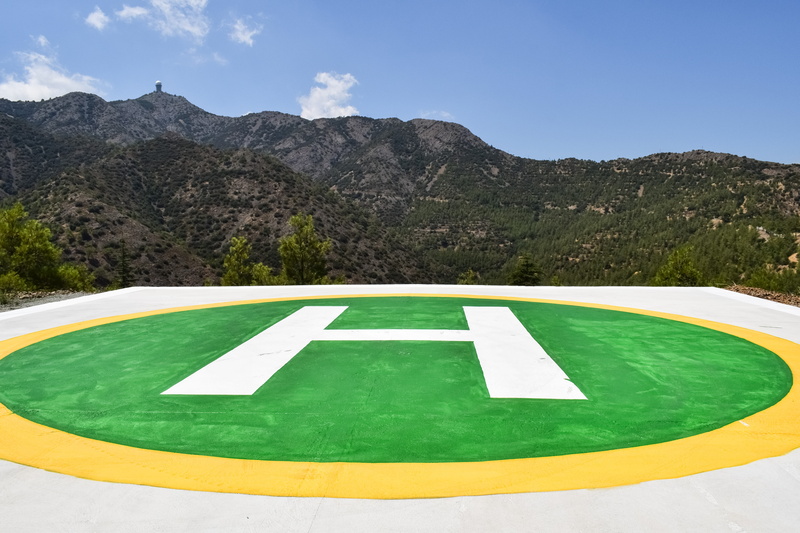 helipad, sky, mountain range, road, nature, blue, white color, safety, emergency, transportation, heliport, mountains, guidance, mountain, h, symbol, arrow symbol