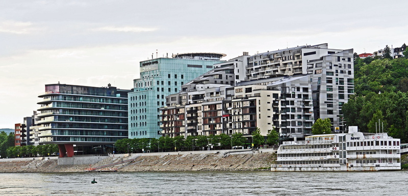 modern, cloud - sky, river, panorama, architecture, building, wreck, sky, city, built structure, day, waterfront, luxury, hotel ship, bratislava, building exterior