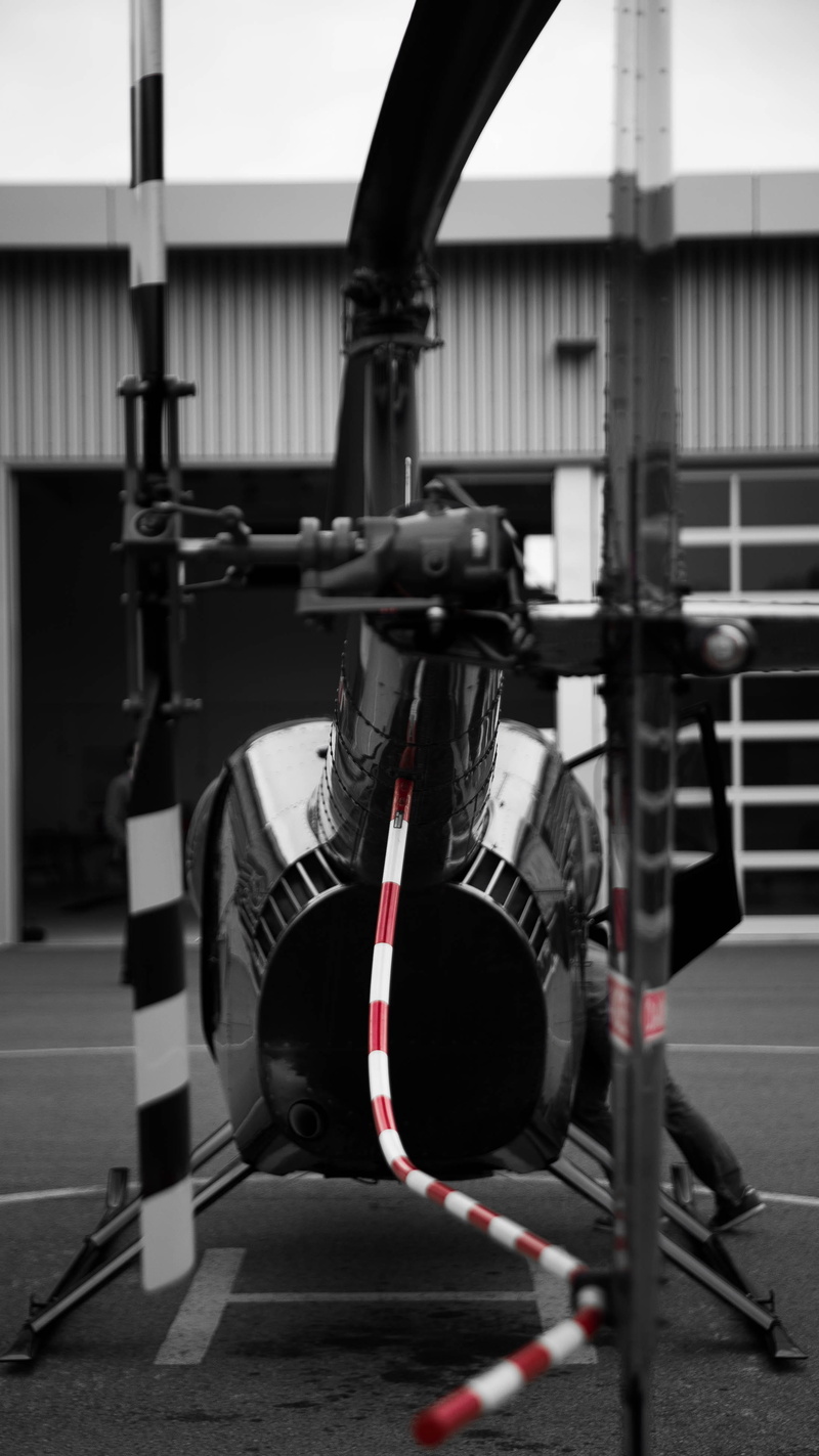 helicopter, city, architecture, road, day, wheel, transportation, helipad, travel, black, no people, 4K, land vehicle, turbine, grayscale, building exterior