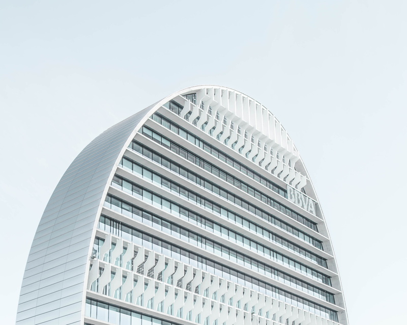 skyscraper, building, lines, daytime, 2K, nature, sunny, built structure, office, bbva, concrete, government, day, clear sky, pale, low angle view, bank