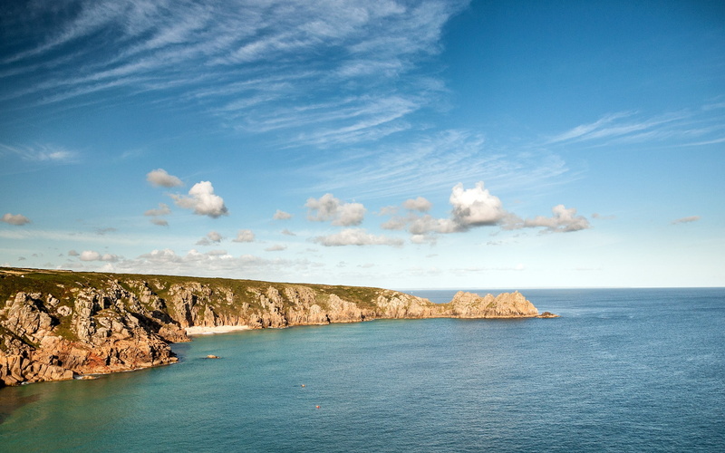 1080P, landscape, sky, sea, clouds, cliff, nature, Porthcurno B ach, Cornwall