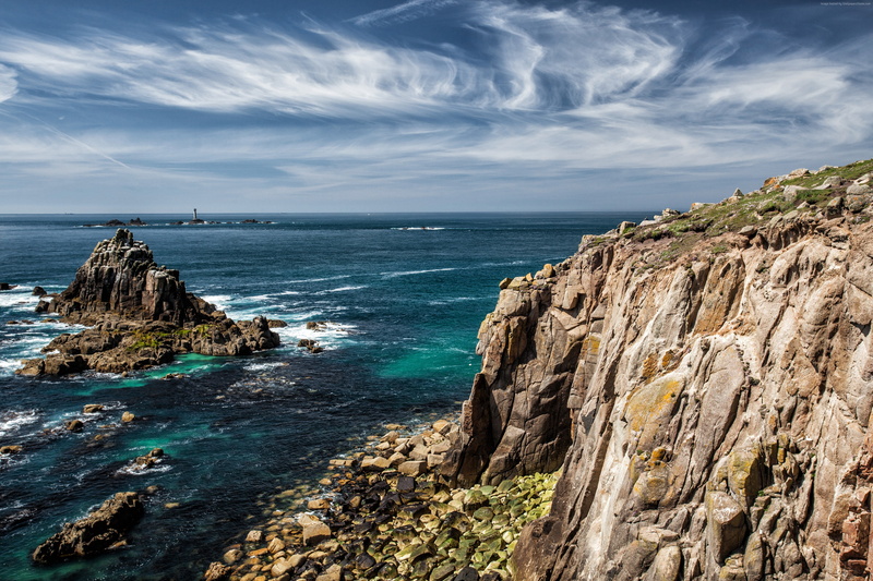 5k, Atlantic ocean, 4K, 4k, England, Cornwall, sky, rocks