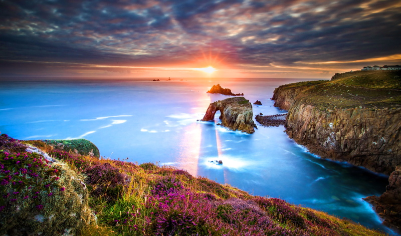 4K, Sunrise, England, hills, 4K, painting, Lands End, ocean, HD, Cornwall