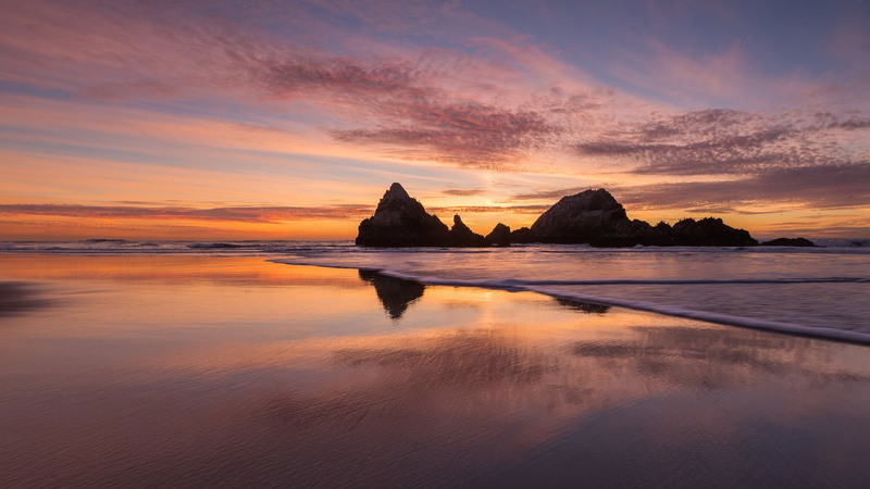 water, sky, tranquility, stack rock, reflection, bing, beach, california, no people, sunset, scenics - nature, beauty in nature, francisco, rock, rock - object