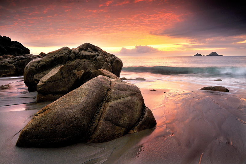 rock formation, sky, Light  rock, wavy, near, Cornwall, colour, rock, sunset, beach, coastal, islands, water, coast, British  Isles, rock - Object, sea