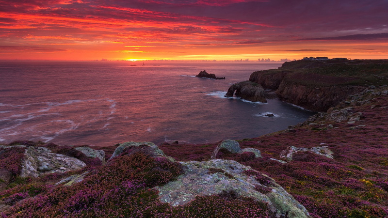 orange sunset, horizon, ocean, europe, united kingdom, shore, england, sunset, orange sky, land’s end, sea, 1080P, cliff, headland, coast, lands end