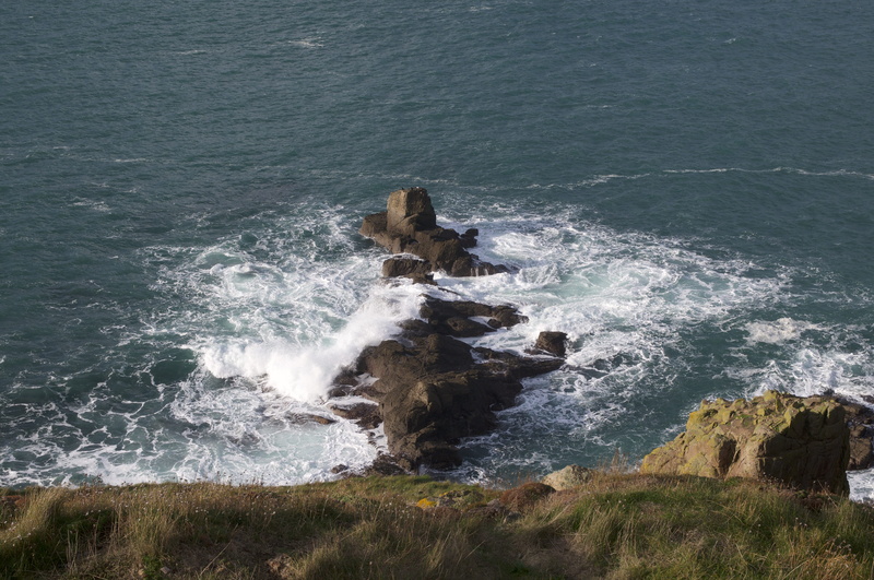 power in nature, rock formation, adventure, grass, coast, ocean, motion, lands end, uk, splashing, the rocks, rock - object, nature, wave, plant, land