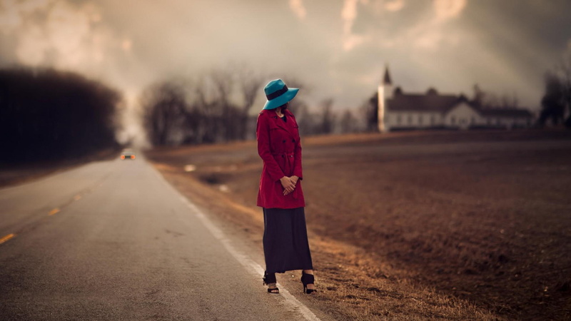 field, beautiful, hat, plowed, girl, road, house, plowed field, 1080P