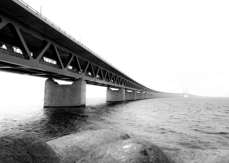 architectural column, water, low angle view, engineering, black and white, oresund bridge, 4K, sky, bridge - man made structure, architecture, long, built structure