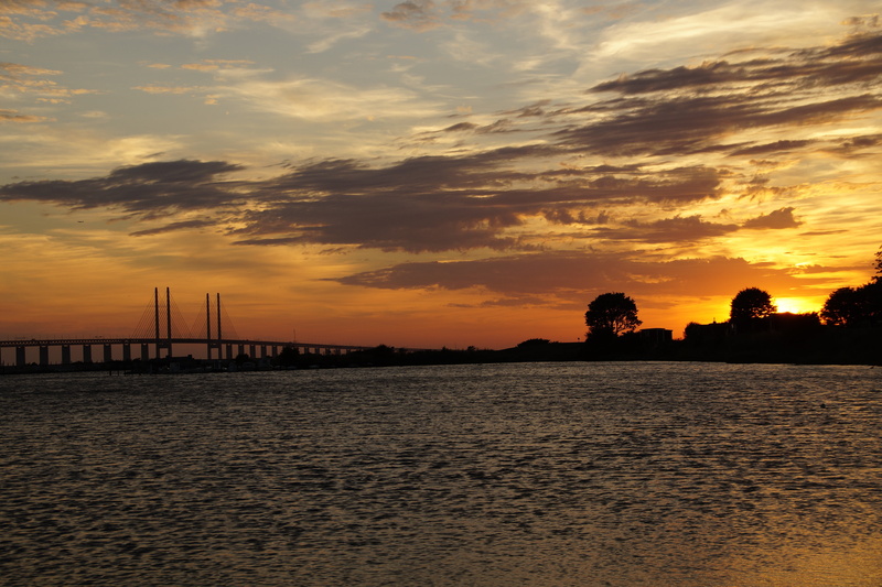 evening sky, tranquility, scenics - nature, waterfront, oresund bridge, bridge, beauty in nature, sea, building exterior, idyllic, afterglow, 5K, orange color