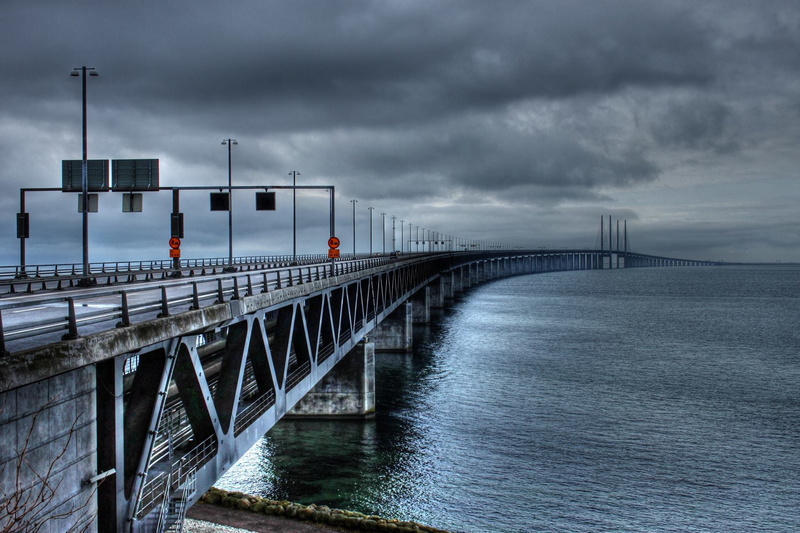 bridge - man made structure, building exterior, connection, way, transportation, sky, malmö, bridge, bro, overcast, dramatic sky, peberholm island, architecture