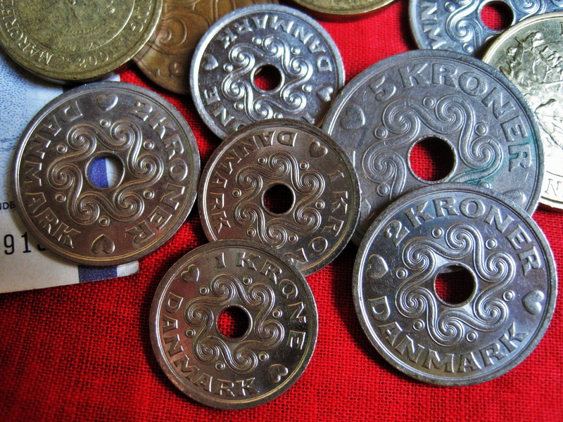 2K, scandinavia, group of objects, metal money, studio shot, metal, art and craft, directly above, currency, red, original, Danish Currency, money, still life