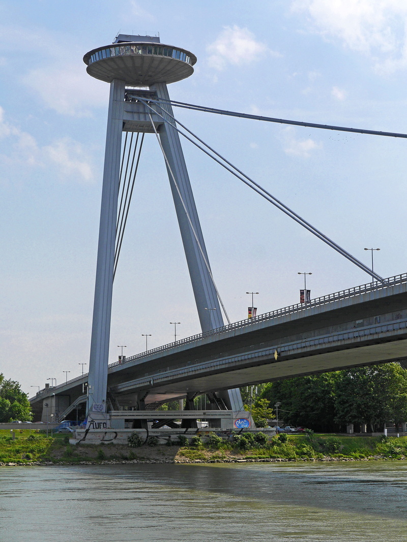 bridge, building exterior, river, cloud - sky, suspension wires, day, 4K, water, danube bridge, slovakia, built structure, transportation, tower restaurant