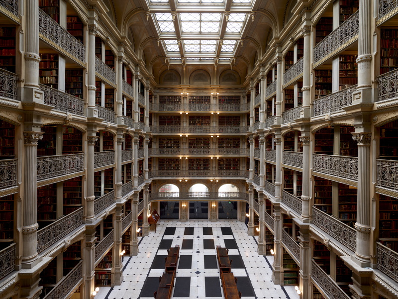 8K, library, gallery, large group of objects, book, lighting equipment, repetition, in a row, ceiling, built structure, indoors, illuminated, luxury, concrete