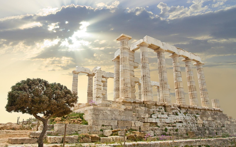 fabulous, white, ruins, greek, nature and landscapes, clouds, concrete, sun rays, tree, ancient, pillar, 1080P