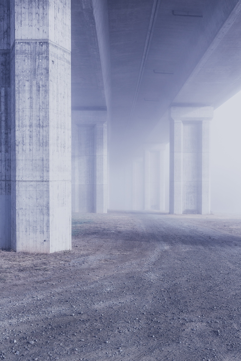 invisible, bridge, pillar, architectural column, road, day, structure, backgrounds, underneath, no people, colonnade, foggy, 5K, building, perspective