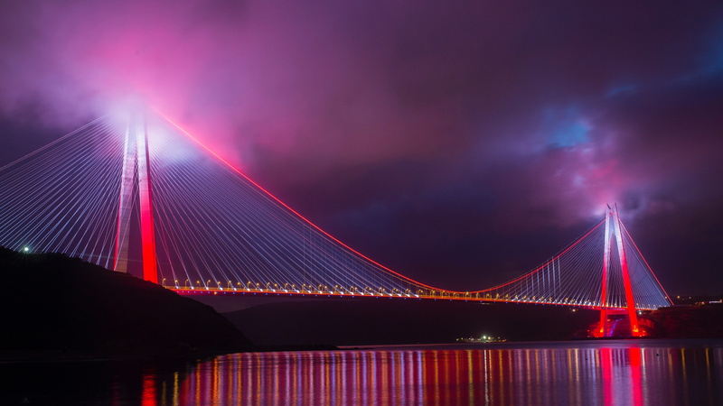 bridge, istambul, cable stayed bridge, landmark, lighting, turkey, 4K, evening, light, red bridge, reflection, night, sky, yavuz sultan selim bridge