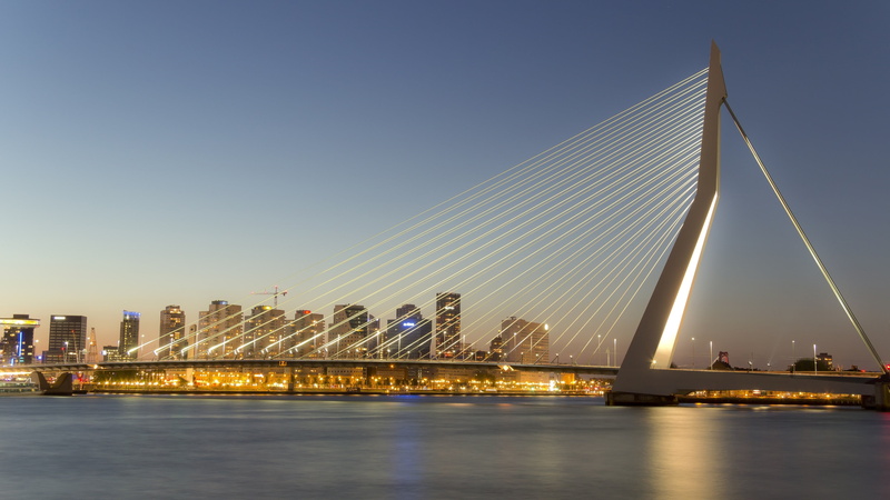 dusk, rotterdam, sky, cable-stayed bridge, building exterior, night, 4K, cable stayed bridge, connection, skyline, fixed link, waterfront, skyscraper