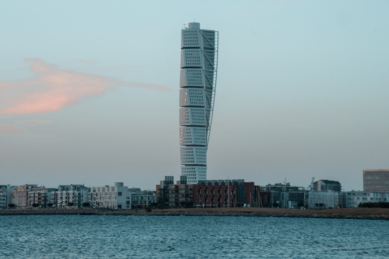 skåne, sky, water, outdoors, tall - high, built structure, landscape, waterfront, malmö, office, modern, financial district, tower, turning torso, building exterior