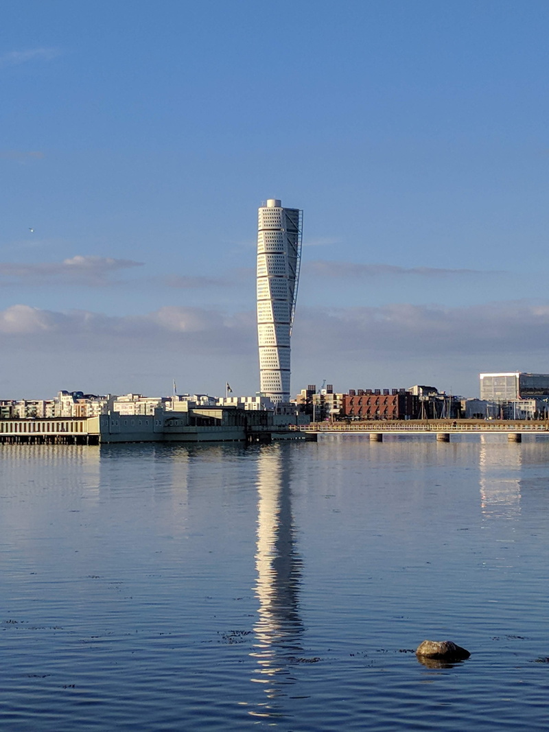 architecture, skåne, building exterior, blue, sky, day, beach, skyscraper, building, water, sea, reflection, 4K, nature, built structure, office building exterior