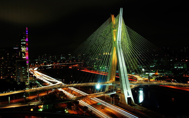 building exterior, connection, illuminated, ponte, cable, road, transportation, night, long exposure, sky, outdoors, estaiada, cityscape, city life, white