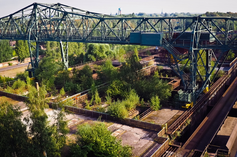 old building, Architecture, old, ruin, facade, steel mill, train - vehicle, factory building, bridge - man made structure, rail transportation, old factory