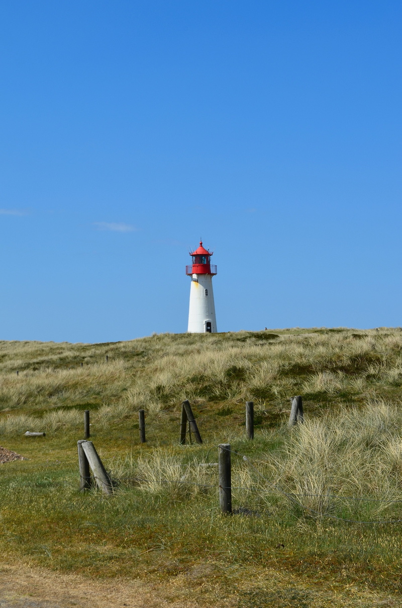no people, architecture, building exterior, sky, grasses, lighthouse, outdoors, landscape, elbow, nature, island end, daymark, sea, shipping, field, safety