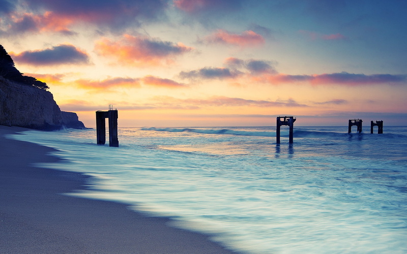 coast, sand, sea, horizon, 1080P, sky, nature, waves, beach, calm, sunset
