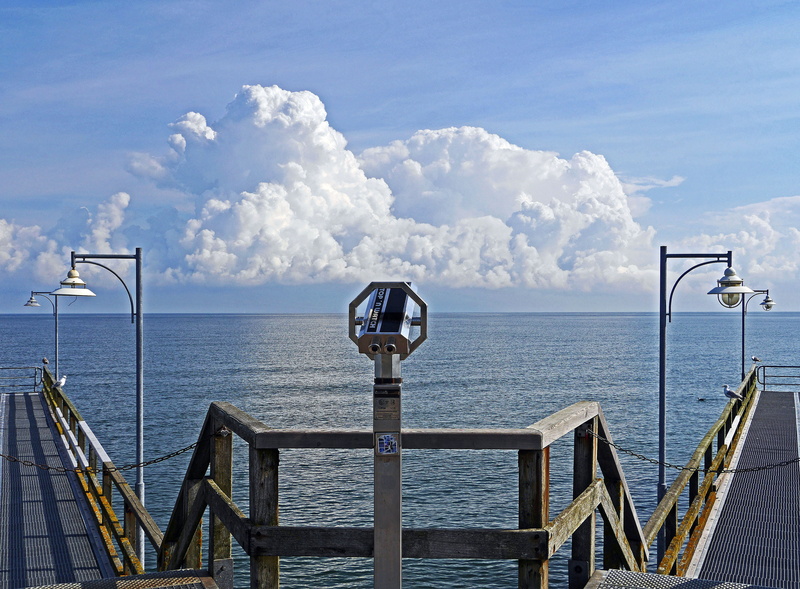 stairs, cumulus clouds, thunderstorm, weather observation, day, pier, wood, weather, nature, light, railing, surveillance, sunlight, blue, horizon, no people