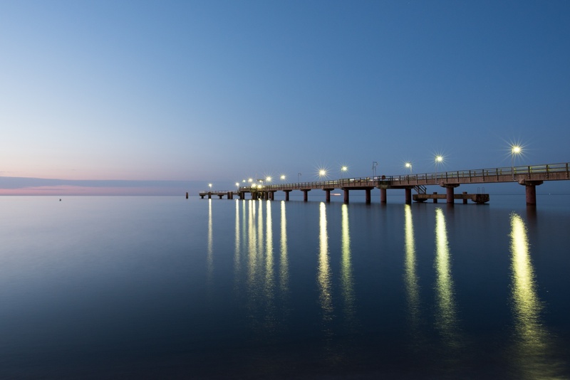 no people, nature, bridge - man made structure, göhren, sea, transportation, island, 1080P, built structure, baltic sea, architecture, outdoors, twilight