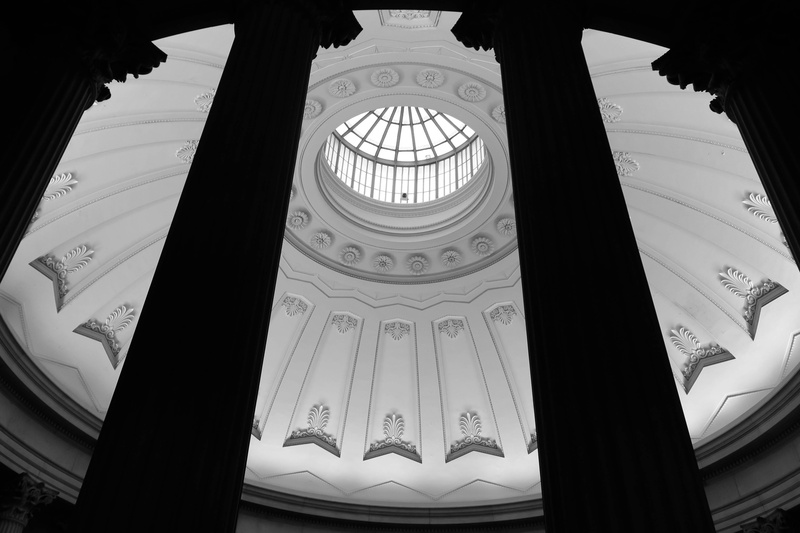 black and white, history, new york, dome, architecture and art, wall street, downtown, ceiling, cupola, low angle view, federal hall, united states, place of worship