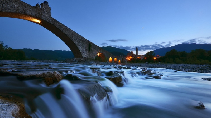 motion, Moon, bridge, rock, long exposure, outdoors, tower, built structure, architecture, surface level, flowing, stream, stones, night, scenics - nature