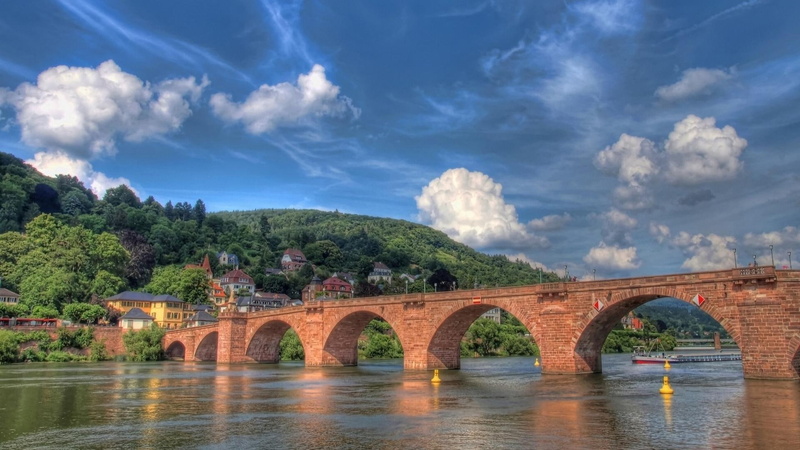 bridge, arch, nature and landscapes, brown, arches, 1080P, lovely, bricks, red, brick, village, river, hdr, hills