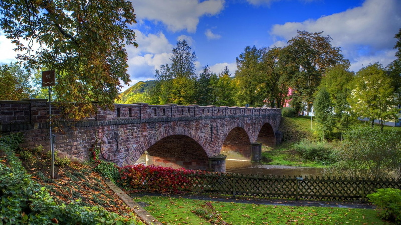 trees, fence, arches, nature and landscapes, brick, bridge, 1080P, hdr, beautiful, arched, river