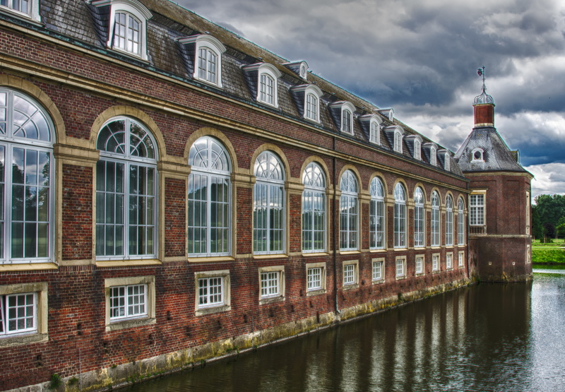 castle, places of interest, sky, germany, red, facade, brick, nature, canal, building exterior, münsterland, city, 5K, outdoors, clouds, water, near, body